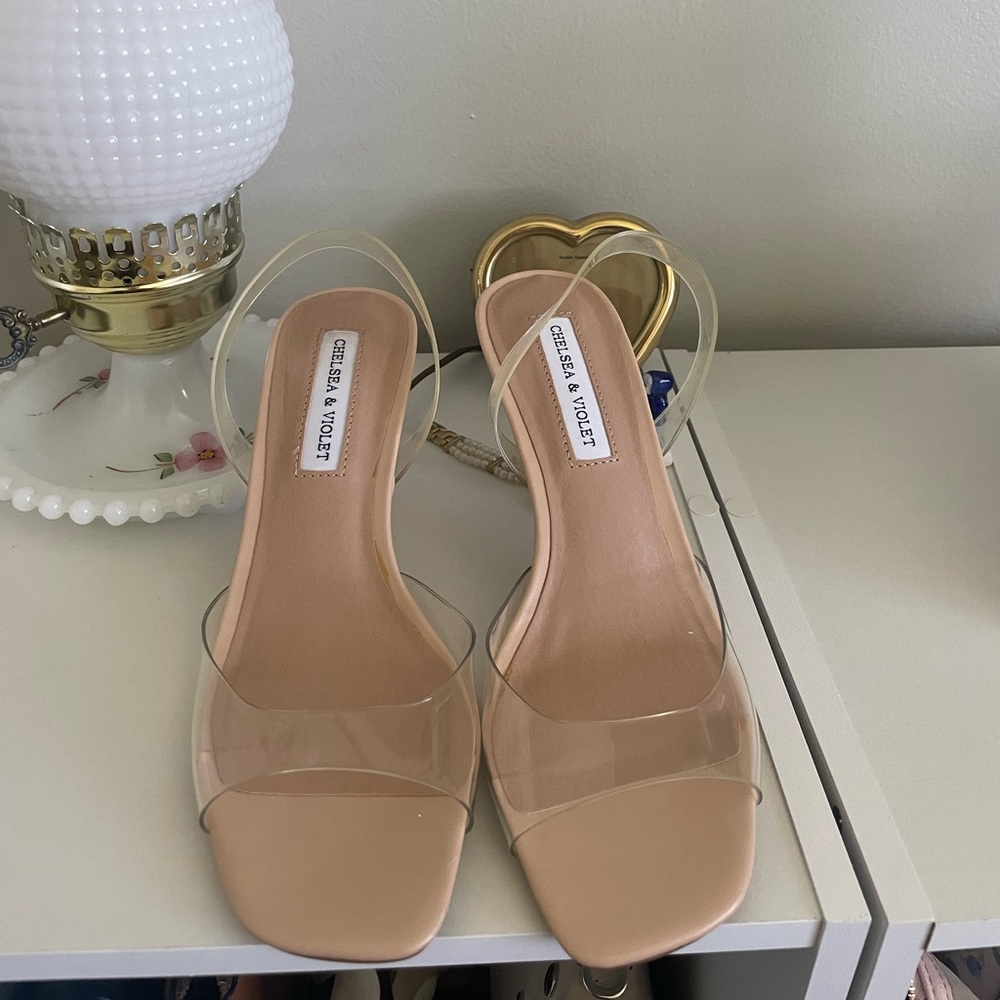 Designer Chelsea & Violet Nude Kitten Heels with Clear Straps